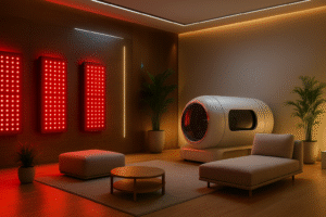 Modern wellness room with red light panels and a hyperbaric oxygen chamber