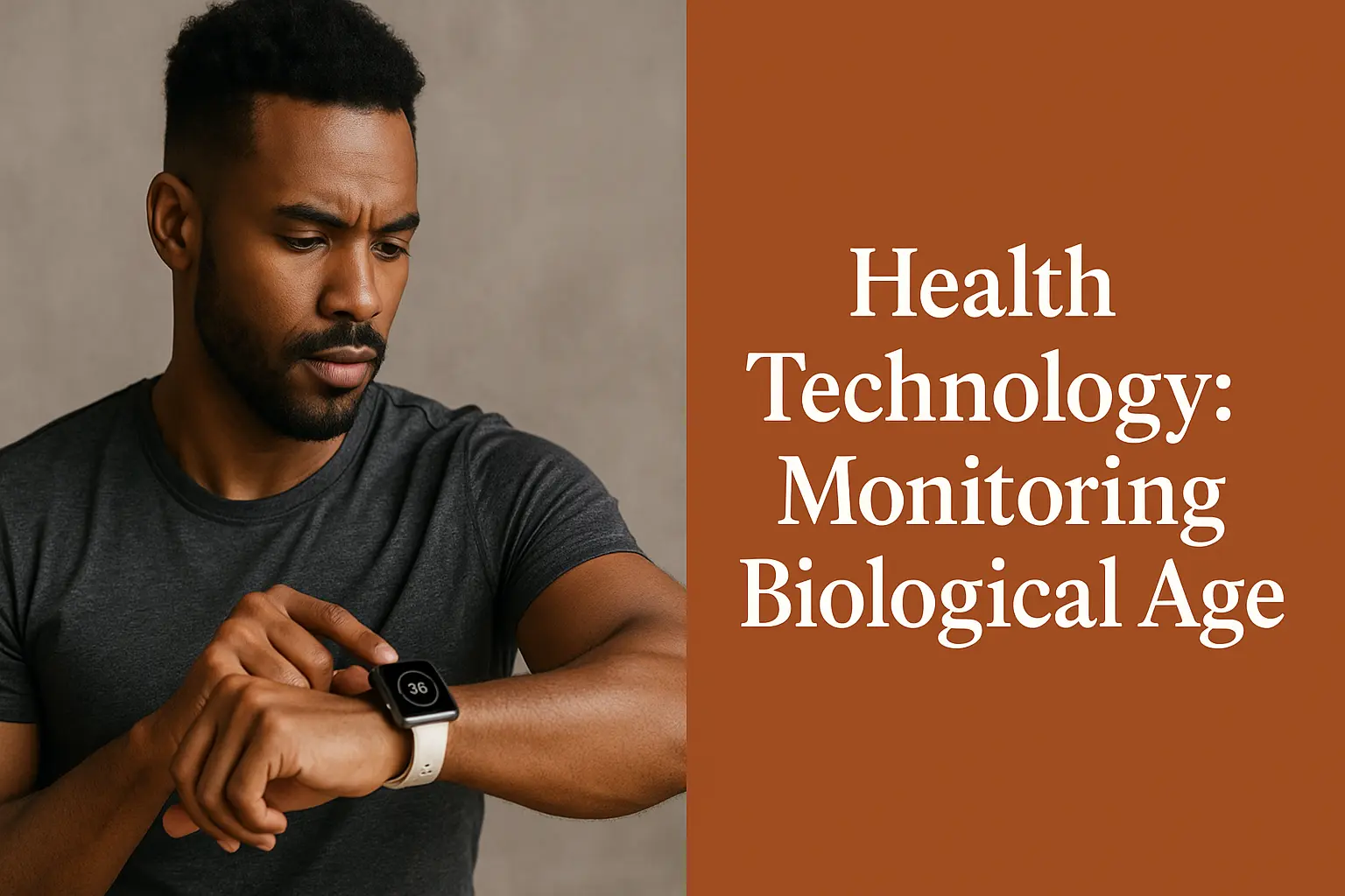 Man checking smartwatch to track biological age and health data