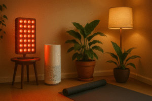 Cozy wellness corner with red light lamp, air purifier, yoga mat, and indoor plants