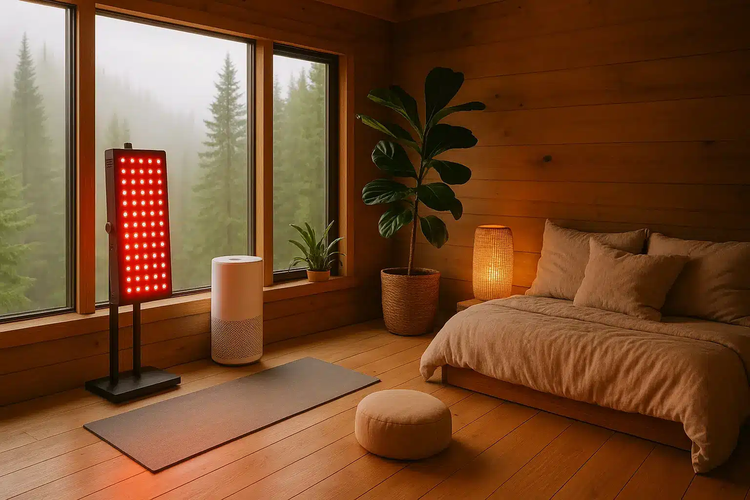 Home wellness space with forest view