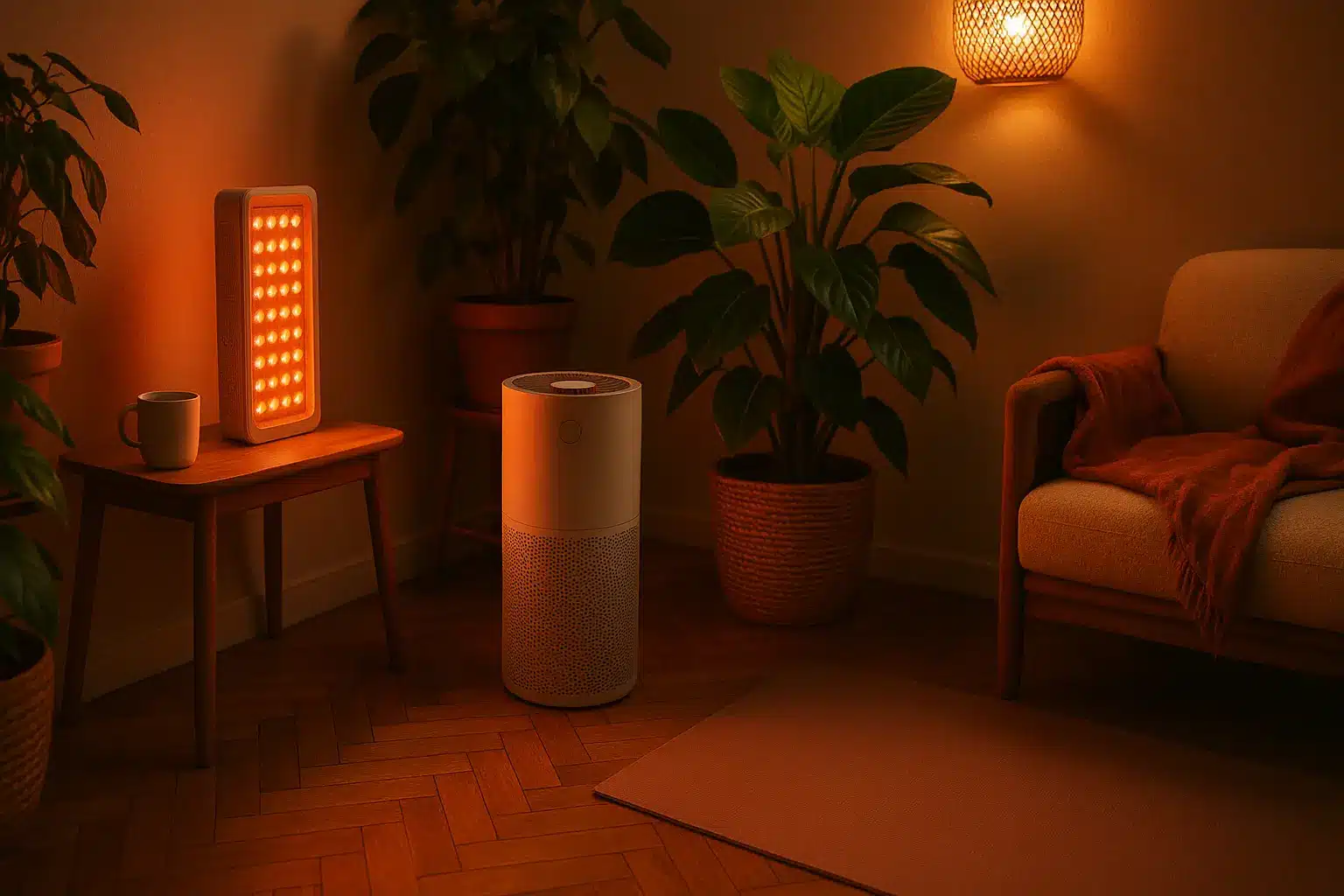 Cozy wellness corner with red light therapy, yoga mat, and air purifier