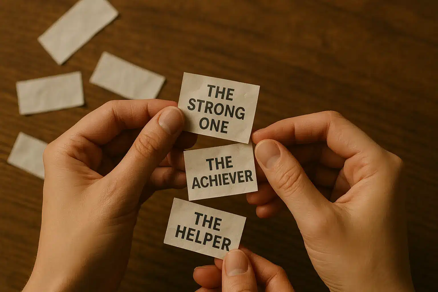 Hands holding labels like 'The Strong One', 'The Achiever', and 'The Helper' above a wooden surface.