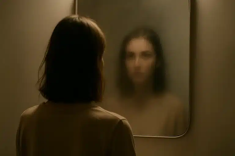A woman stands in front of a foggy mirror, her reflection partially obscured, symbolizing introspective identity exploration.