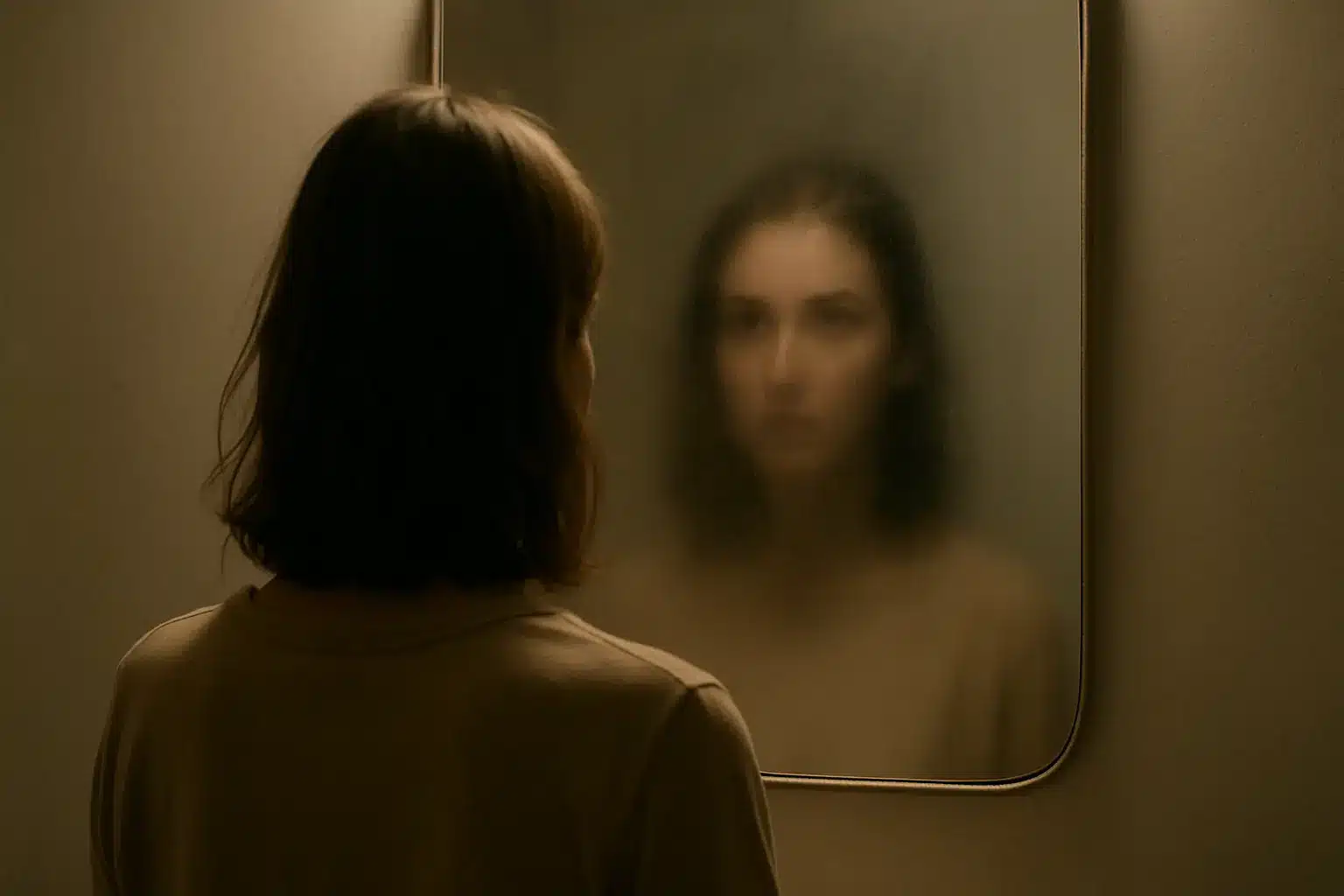 Identity Unpacking - A woman stands in front of a foggy mirror, her reflection partially obscured, symbolizing introspective identity exploration