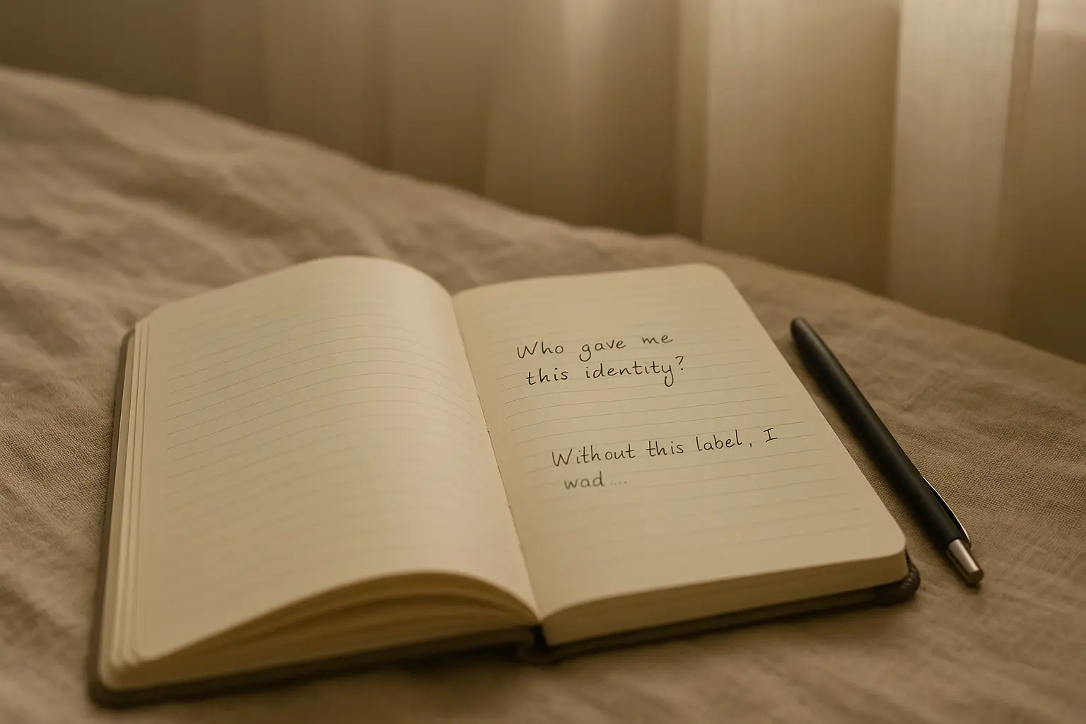 An open cream-colored journal on a linen bedspread with prompts written inside, inviting identity reflection.