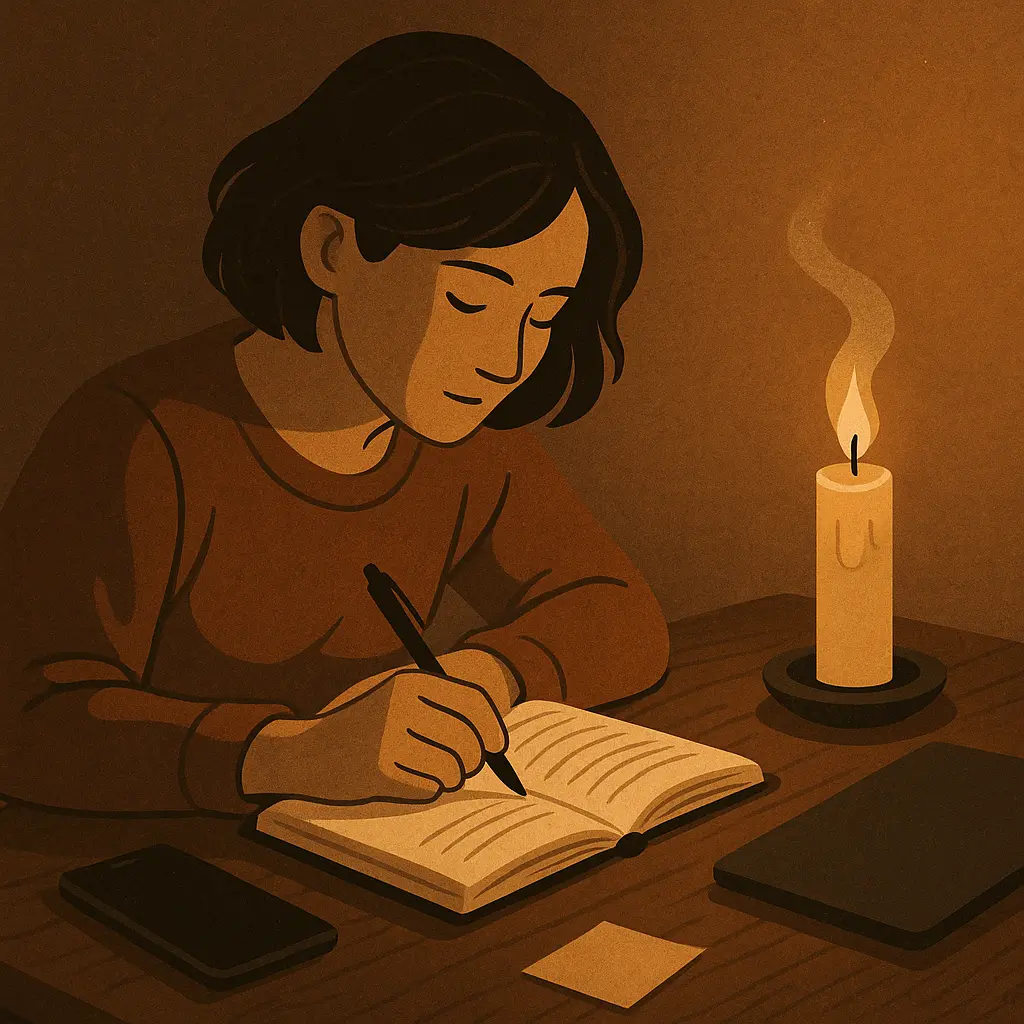A person writes in a journal beside a flickering candle, with closed devices nearby, in a warm, quiet room.