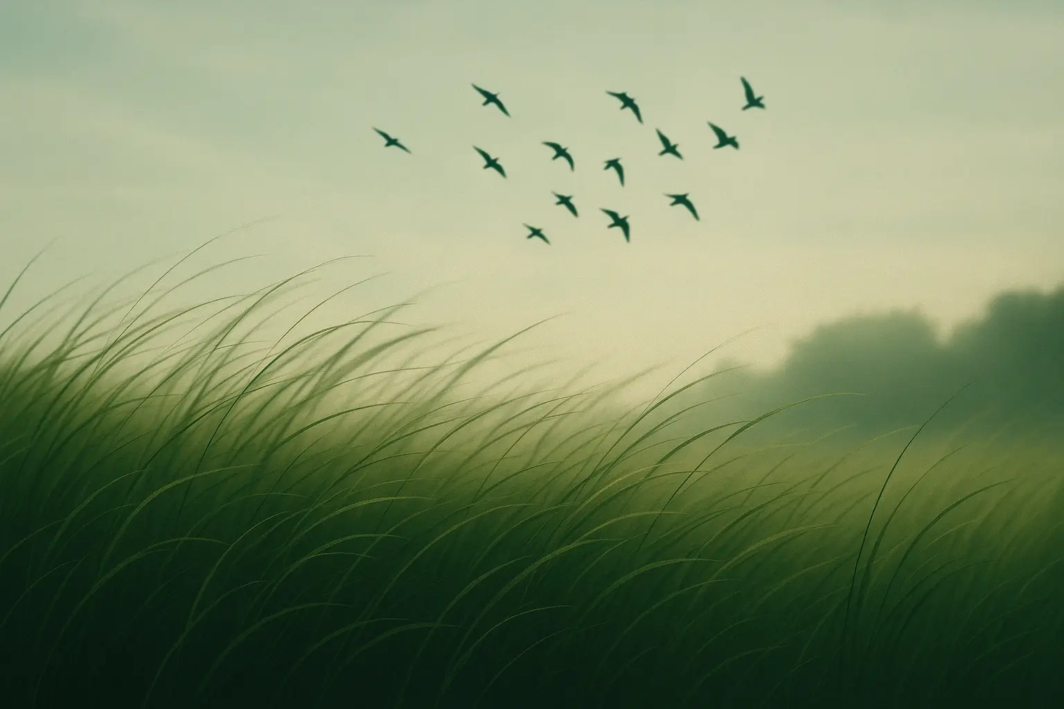 Jungle grass swaying with a flock of birds shifting overhead