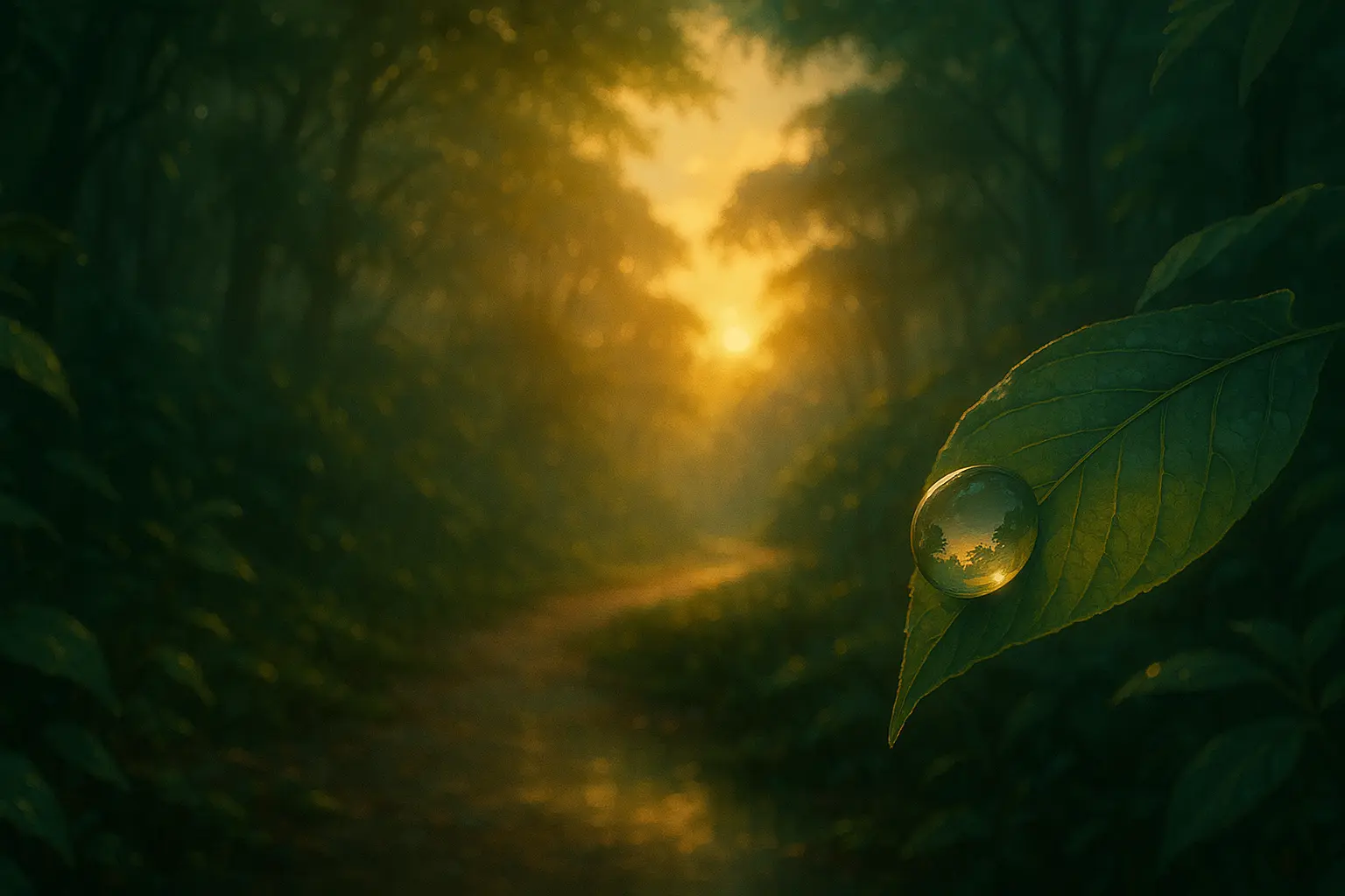 Quiet jungle path at dawn with a reflective water droplet on a leaf