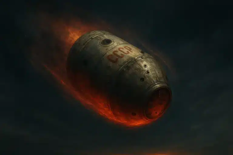 Kosmos 482 - A titanium Soviet space capsule floating in Earth’s orbit, with faint USSR insignia and atmospheric lighting