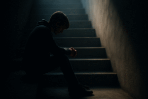 A person sitting alone on a dim staircase, head down, partially lit by soft light from above, symbolizing emotional struggle and introspection.