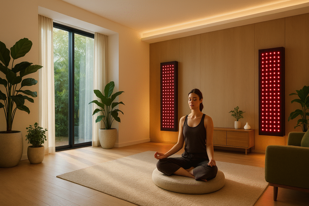Woman meditating in a modern longevity room with red light panels and indoor plants