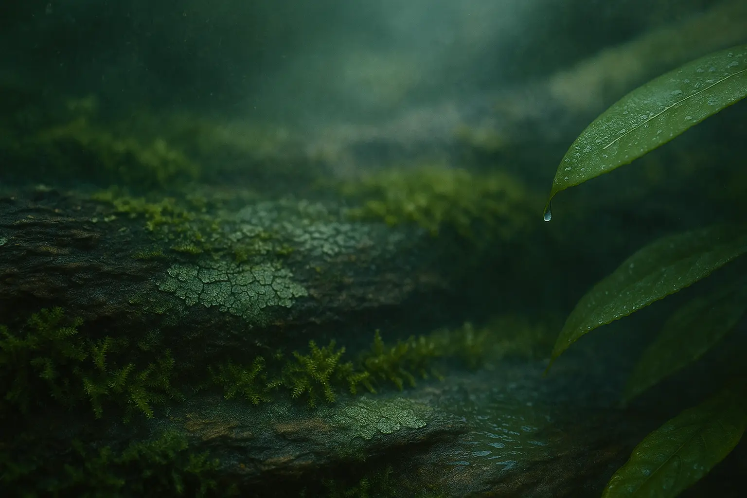 Macro shot of jungle textures with moss, bark, and mist