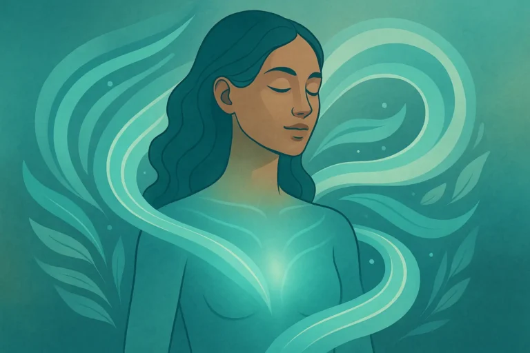 Serene female figure surrounded by blue-green waves representing magnesium and calm