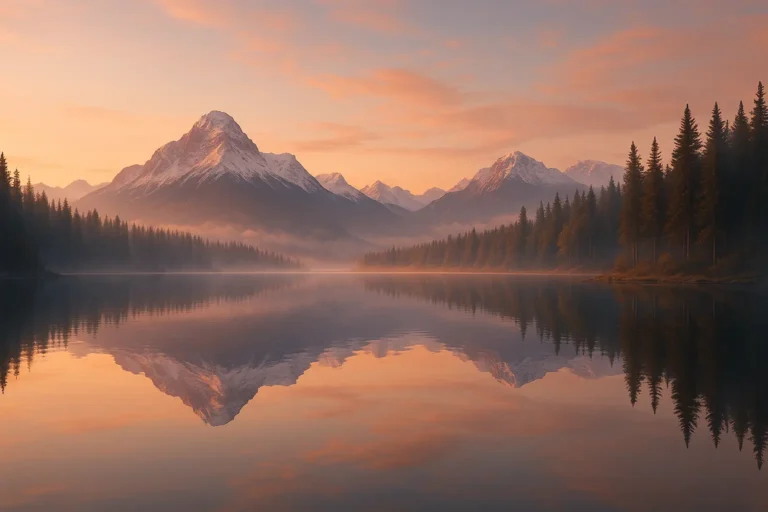 Mirror Lakes - Serene mirror lake reflecting snowcapped mountains at dawn