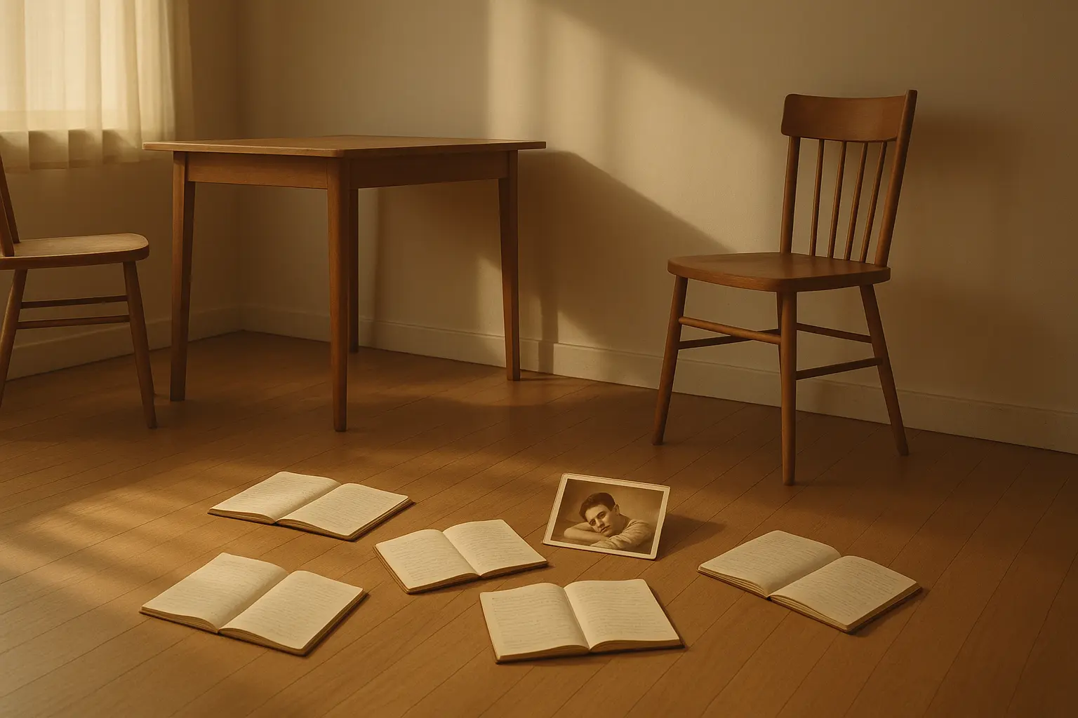 A minimalist room with two chairs, one misaligned and empty, beside scattered goal-setting notebooks and a photo of a younger self.