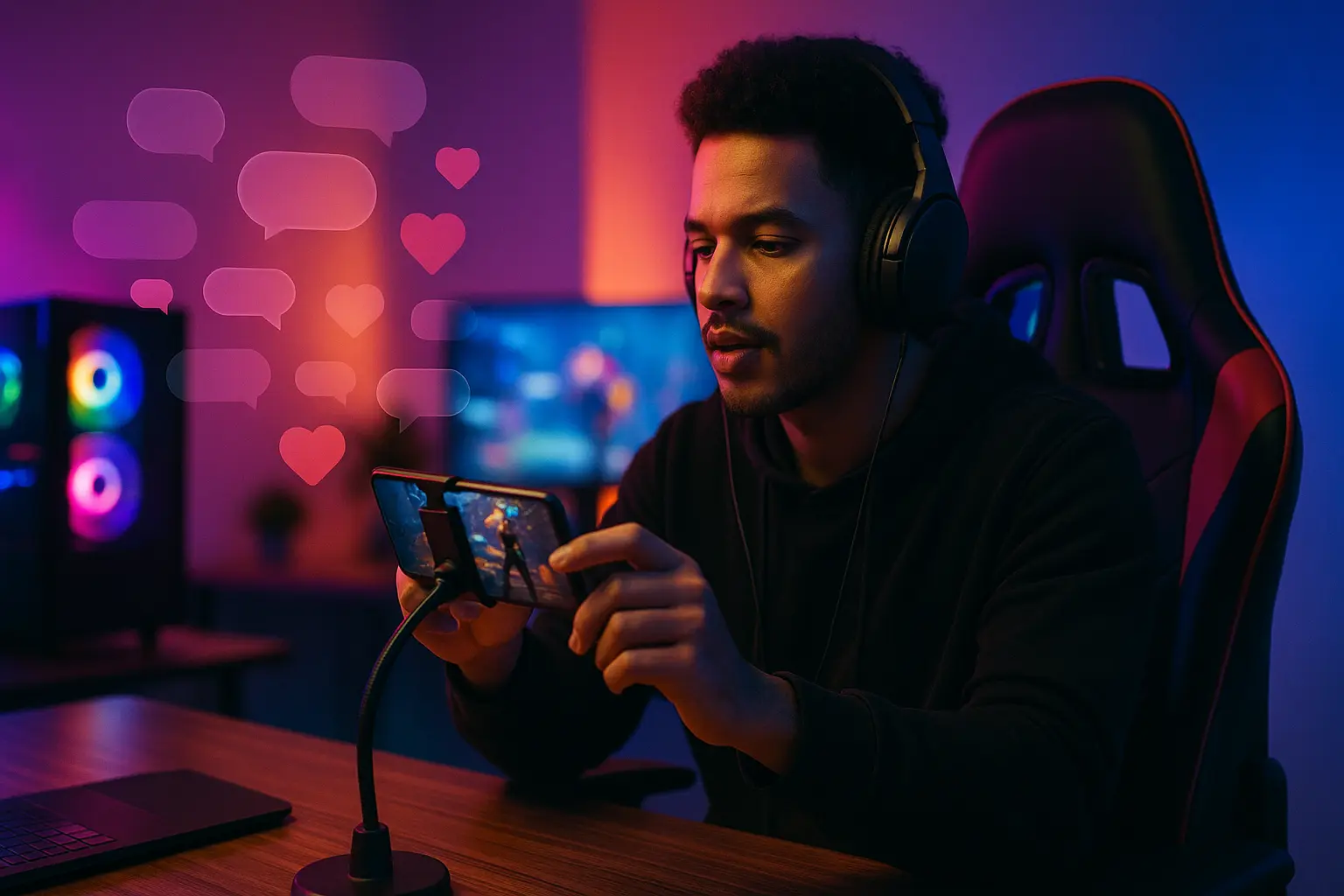 Young streamer broadcasting Free Fire MAX gameplay with TikTok interface and glowing setup
