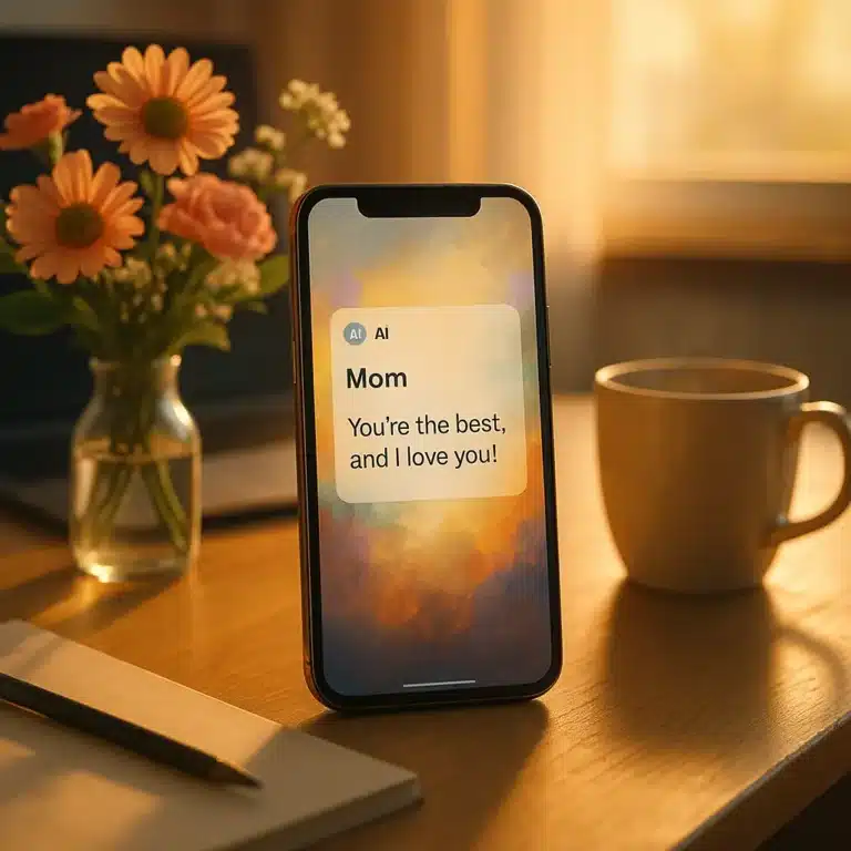 Mother’s Day - Smartphone on a table displaying an AI-generated message for Mother's Day, surrounded by flowers and coffee cup