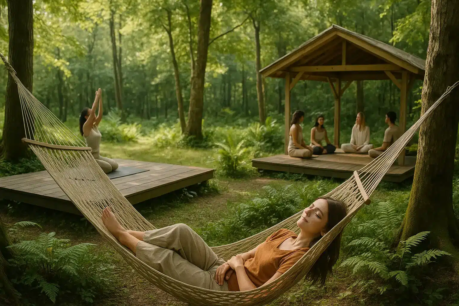 Nature retreat with hammock, yoga, and mindful group