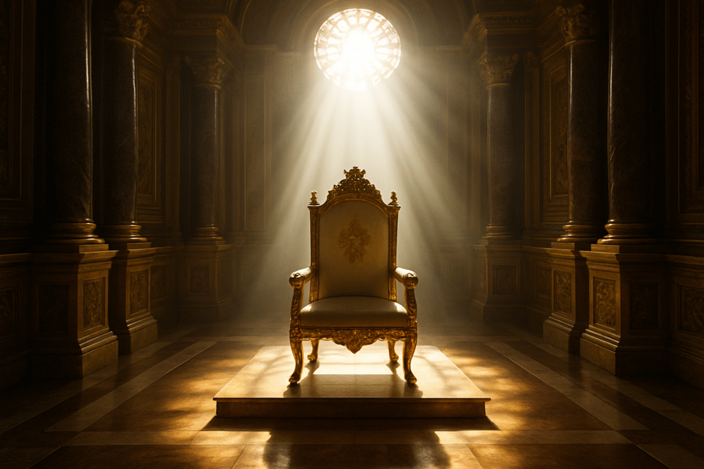 An empty papal throne illuminated by divine light from a stained glass window in a grand marble room