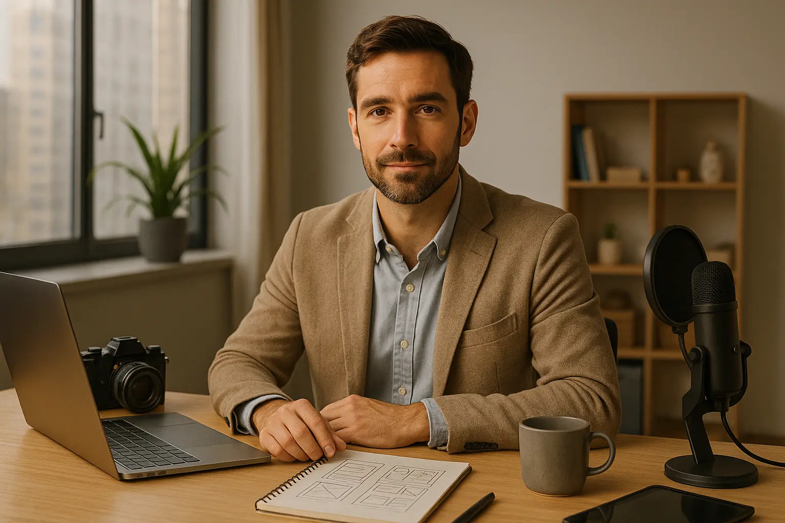Modern professional managing multiple roles at a minimalist desk