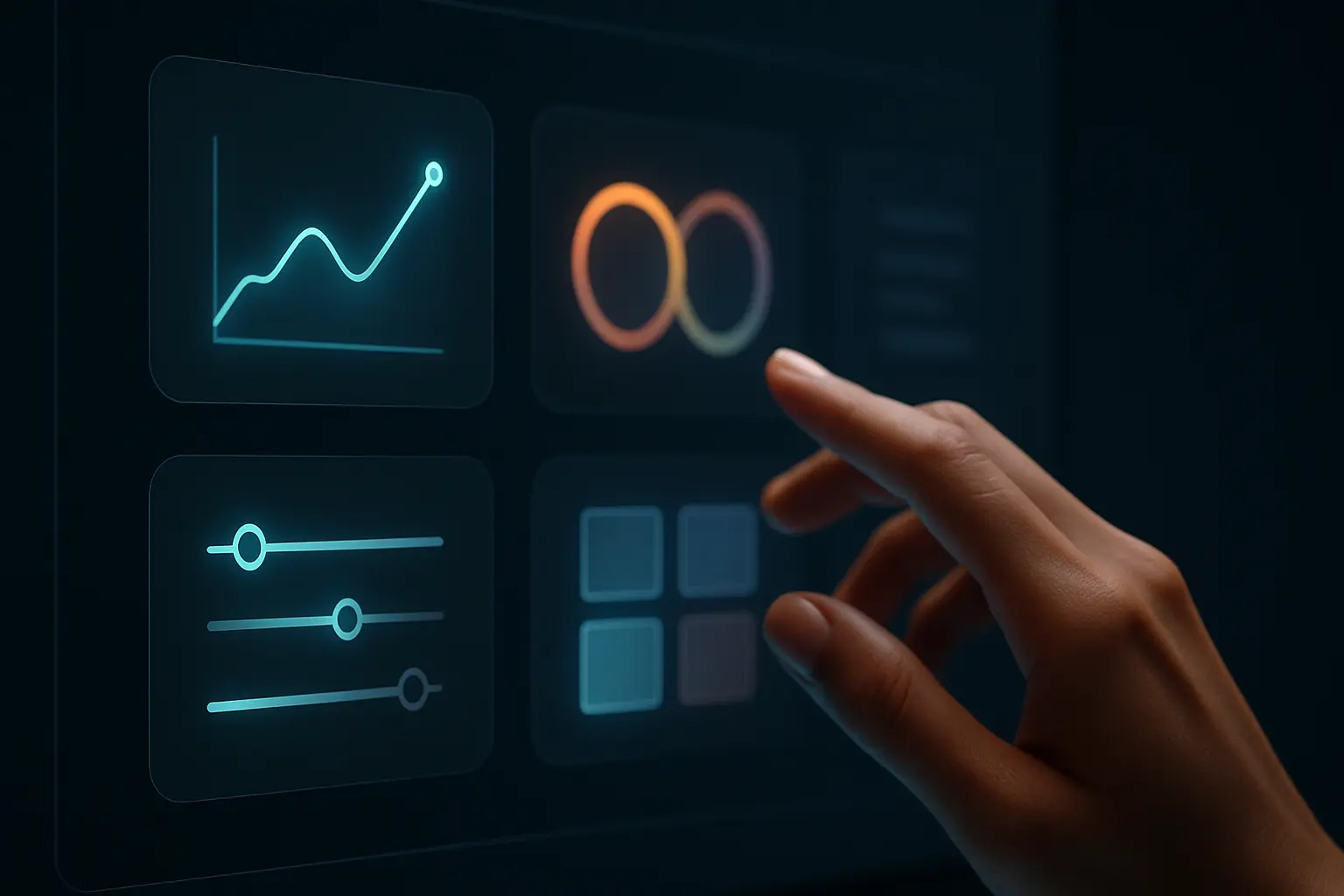 Marketing dashboard showing sentiment analysis and predictive visuals, hand gestures at screen