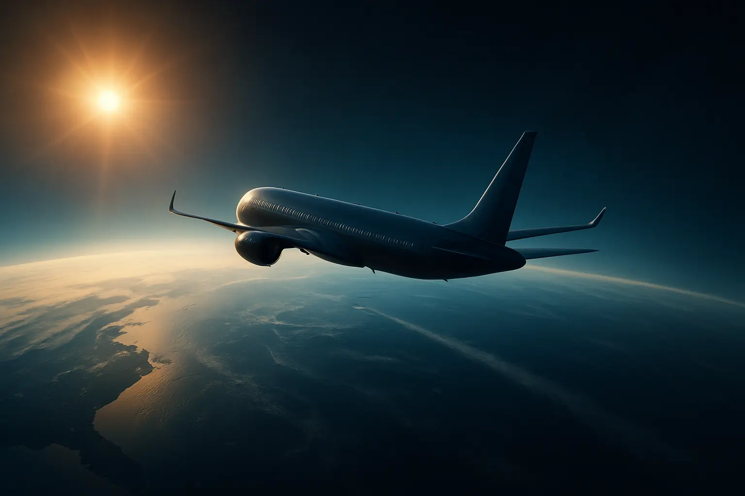 A private jet flying high above the Atlantic Ocean under dramatic skies, with light reflecting off the water below