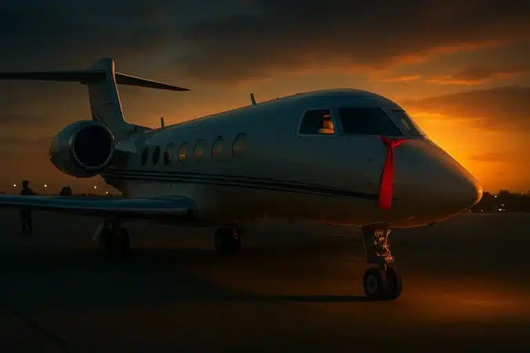 Qatar Jet - A Gulfstream G650 private jet parked at a U.S. airport during sunset with a red tie visible inside the cabin