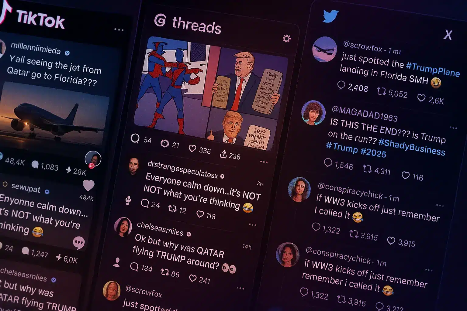 Collage of social media reactions on TikTok, Threads, and X related to Trump and Qatar jet speculation