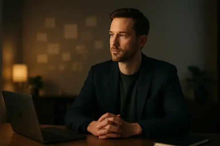 Quiet Ambition - Focused professional working in a minimalist, softly lit workspace