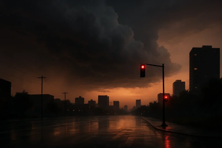 Avengers: Doomsday - Storm approaching over a quiet city at dusk with glowing red traffic light and wet pavement