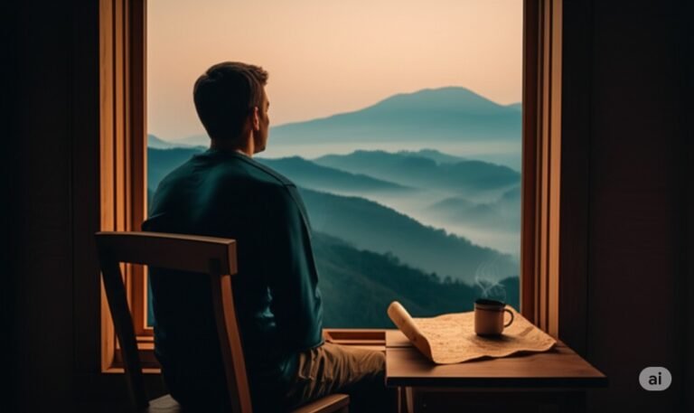 Quiet Cartography - A solo traveler sits by a large window in a remote, rustic cabin, looking out at a vast, misty mountain landscape at dawn, a vintage map spread on the table beside them.
