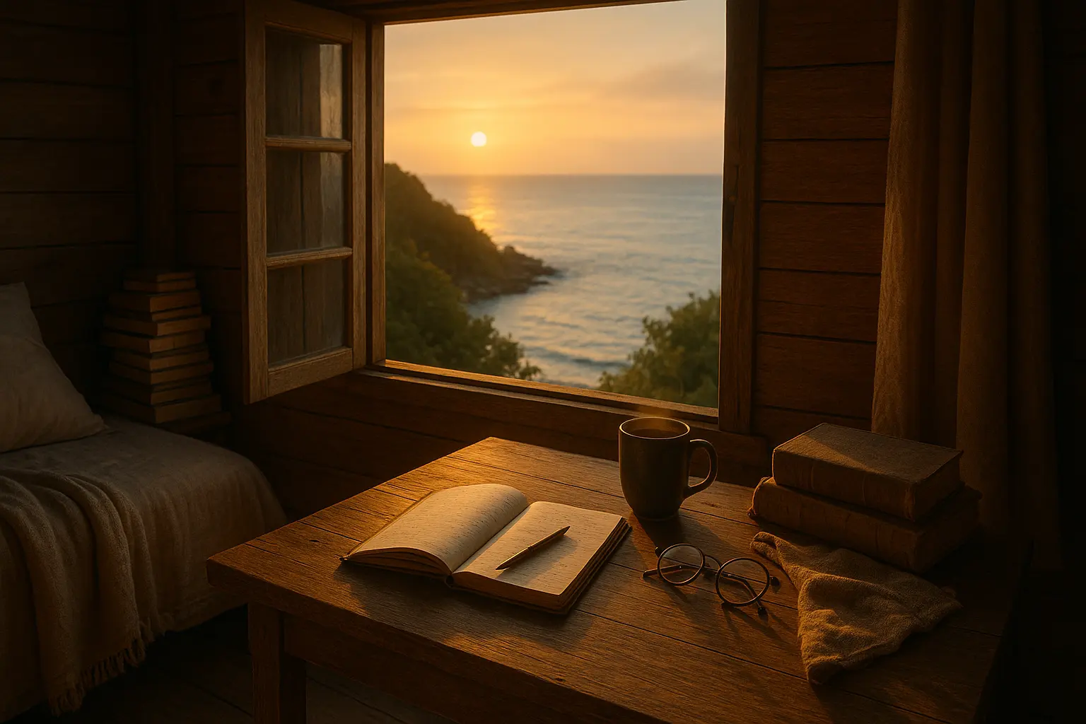 Cozy rustic island cabin with open notebook and tea beside a window with ocean view