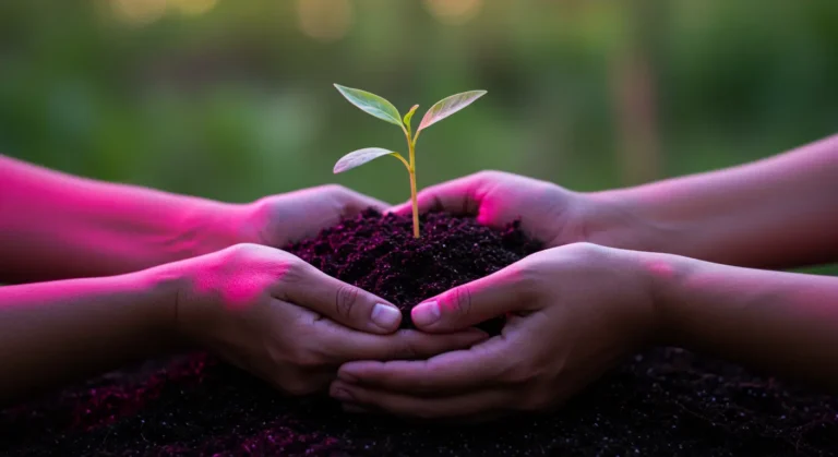 Diverse hands cupping soil with a new green sprout, highlighted by neon light, symbolizing the 'Re-Wilding' trend of reconnecting with nature and tangible experiences.