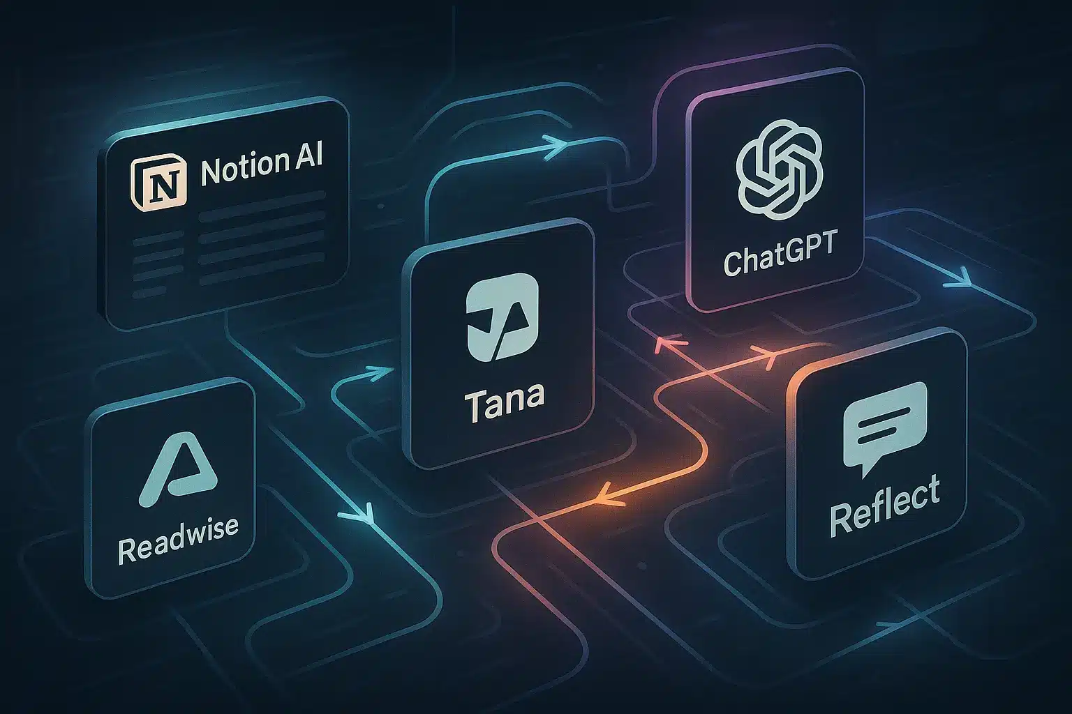 Futuristic interfaces of apps like Notion, ChatGPT, Tana and Readwise connected via smart data flows