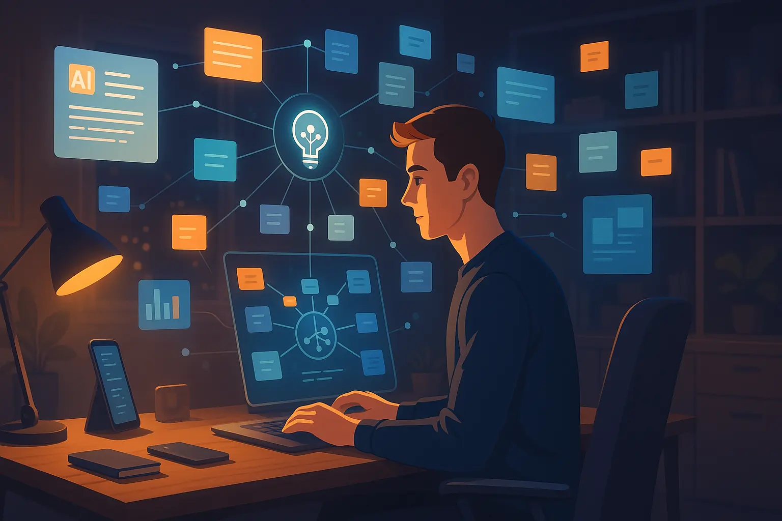 Digital workspace with AI-generated notes and mind maps floating around a focused user