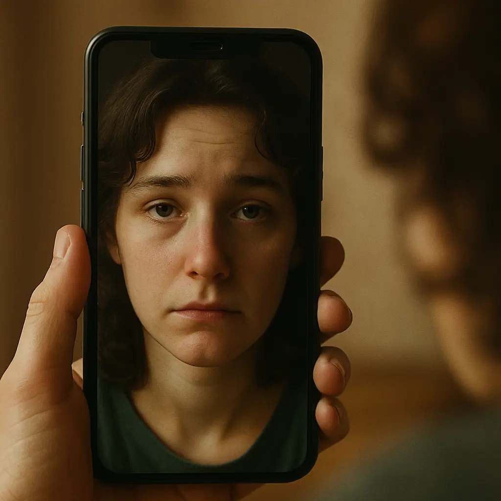 A smartphone held like a mirror reflects a tired face, gazing back with gentle sadness under soft lighting.