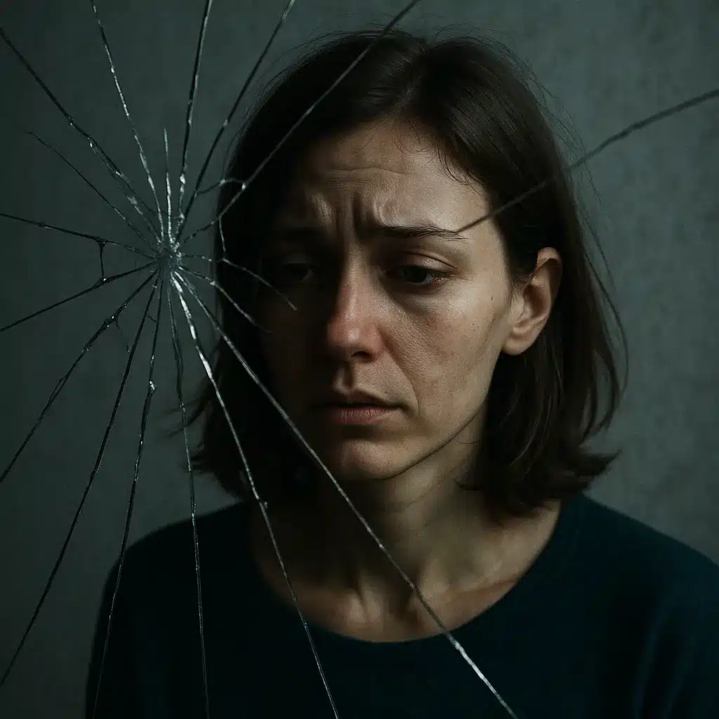 A solemn woman looks down as her reflection fractures through a cracked mirror.