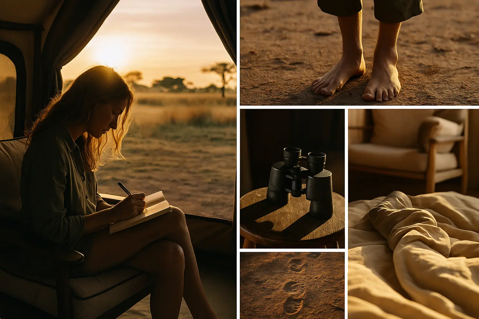 Collage of slow safari moments — journaling, footprints, binoculars, and sunlight on dust