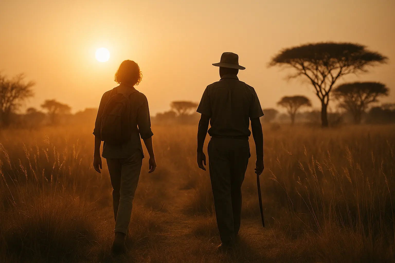 Slow Safaris - Two people walking slowly through tall golden grass at sunrise during a safari