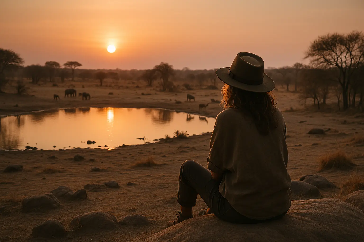 Woman sitting alone on a rock at dusk overlooking a distant waterhole during safari