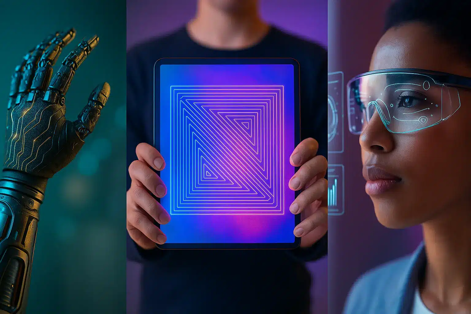 Scenes showing smart materials in action: wearable sensor, foldable phone, and shape-shifting wing