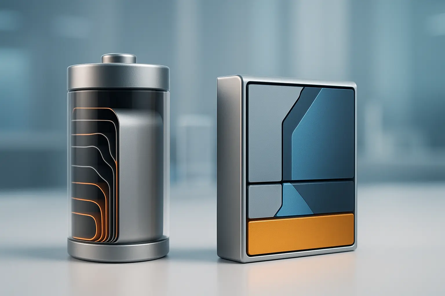 High-tech comparison between a solid-state battery and a lithium-ion cell in a futuristic lab