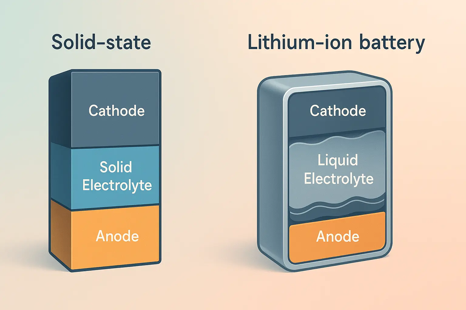 Educational schematic comparing solid-state and lithium-ion battery anatomy