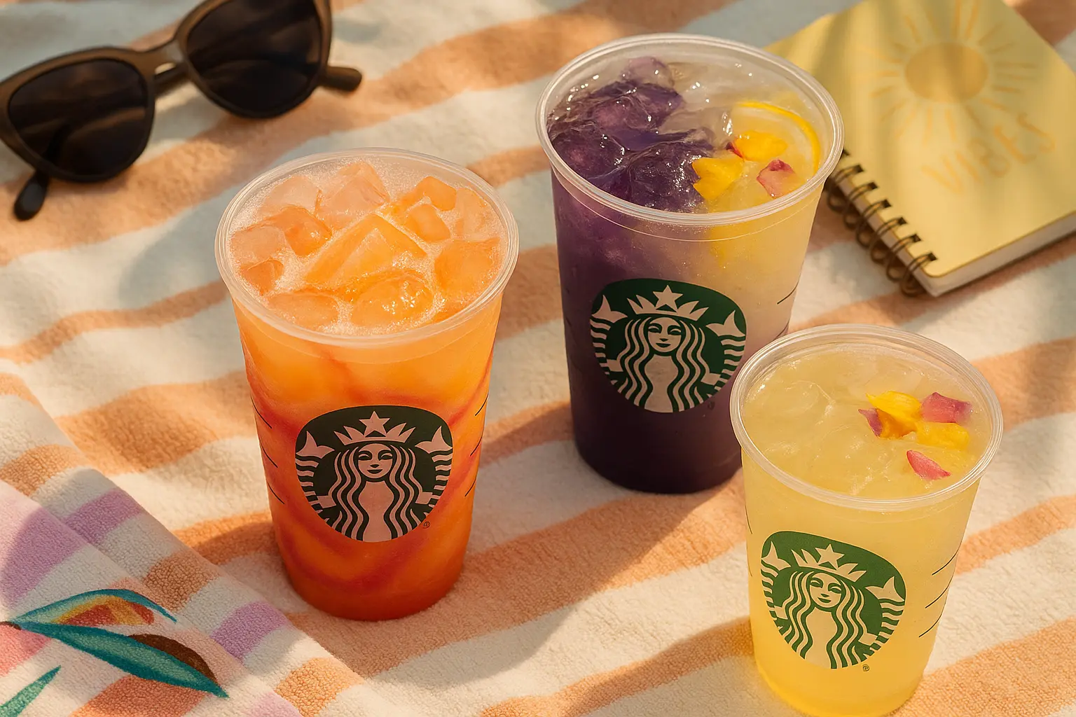 Three Starbucks summer drinks on a striped beach towel with sunglasses and a notebook