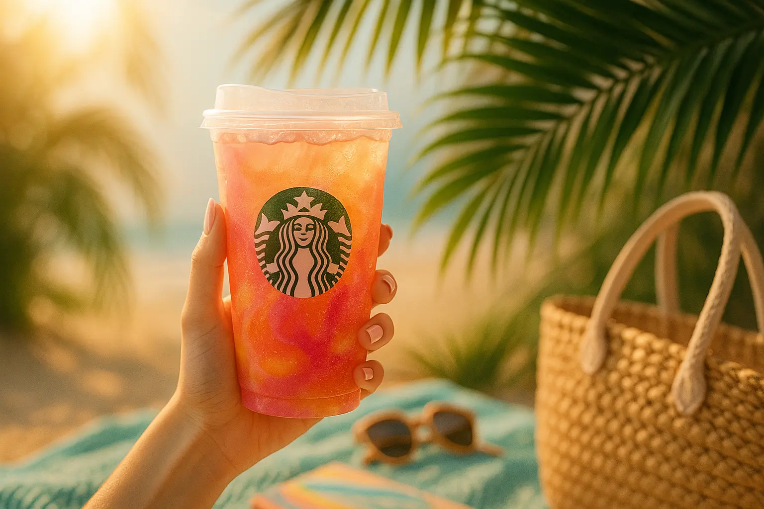 A hand holding a vibrant Starbucks summer drink with pink and orange swirls on a sunny beach background