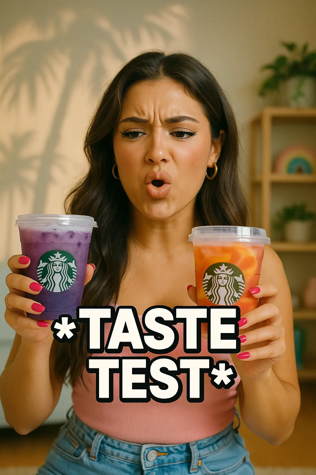 Young woman reacting to a Starbucks drink taste test in a trendy TikTok-style scene