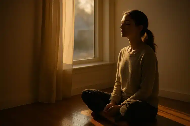 Stillness Surge - A young woman sits peacefully by a sunlit window with eyes closed, surrounded by warm shadows in a minimalist room.