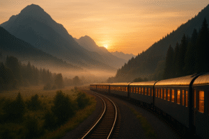 European night train crossing alpine landscape at sunrise