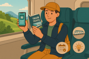 Traveler planning trip with rail pass and smartphone
