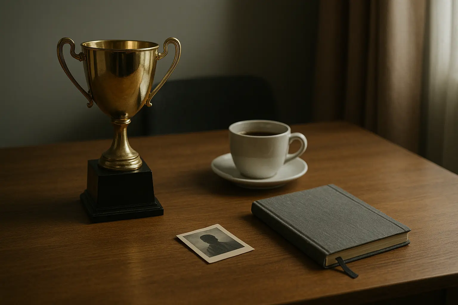 A trophy sits beside an untouched coffee cup and a closed journal on a dimly lit desk.